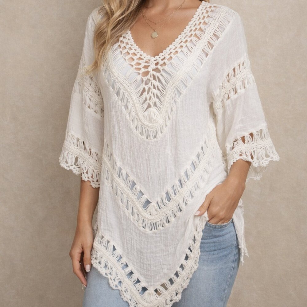 Amore Silk-Blend Crochet Sheer Top | Size S/M